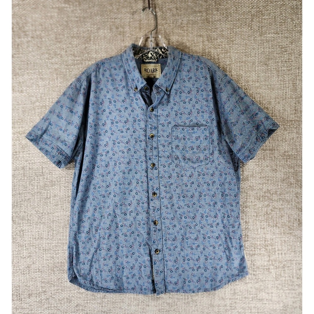 Roark Floral Button-Down Shirt Mens L Blue Short Sleeve 100% Cotton Pocket